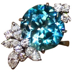 Midcentury 1950s 11 Carat Blue Zircon VS Marquise Diamond Cocktail Ring