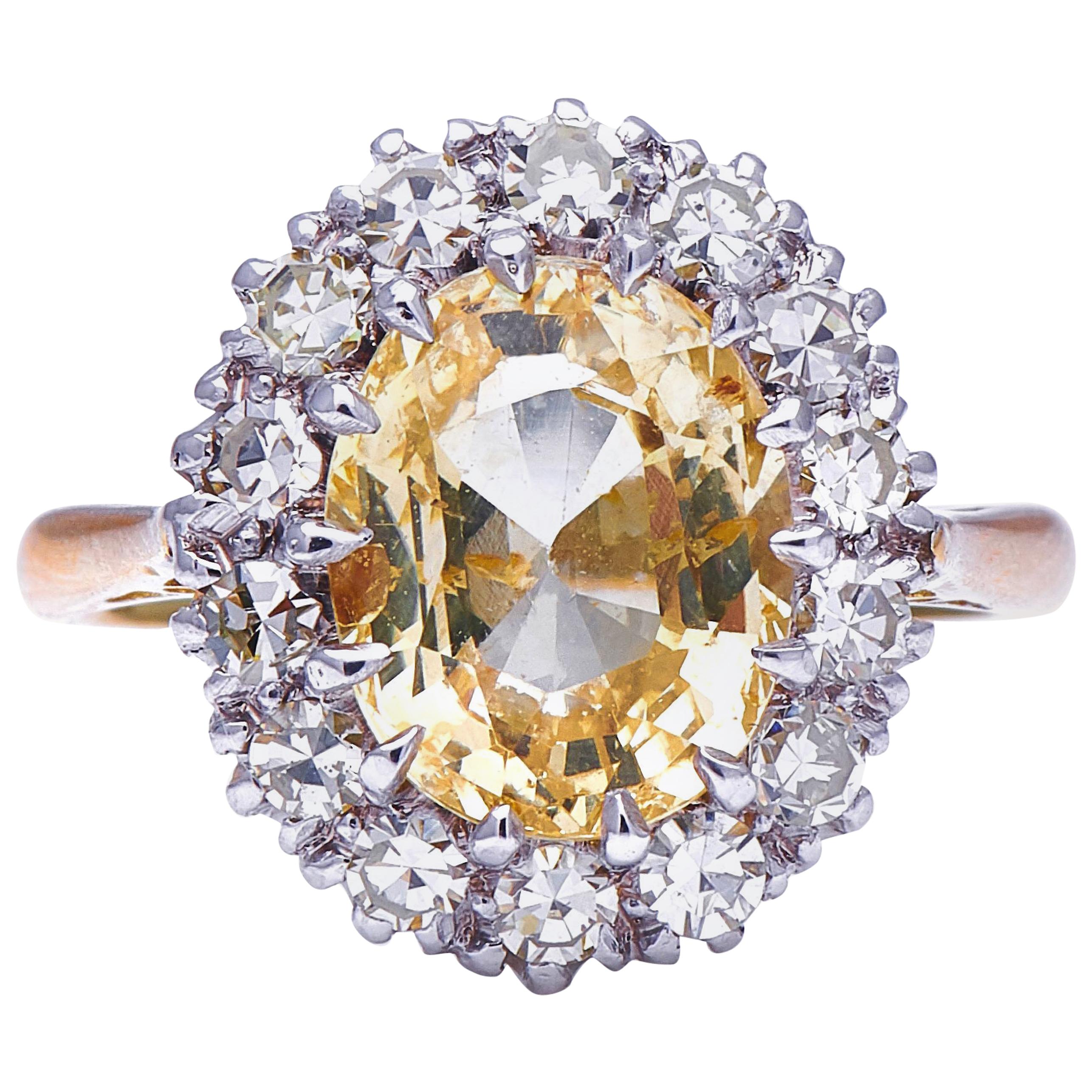 Midcentury, 1950s, 18 Carat Gold, Yellow Sapphire and Diamond Cluster Ring