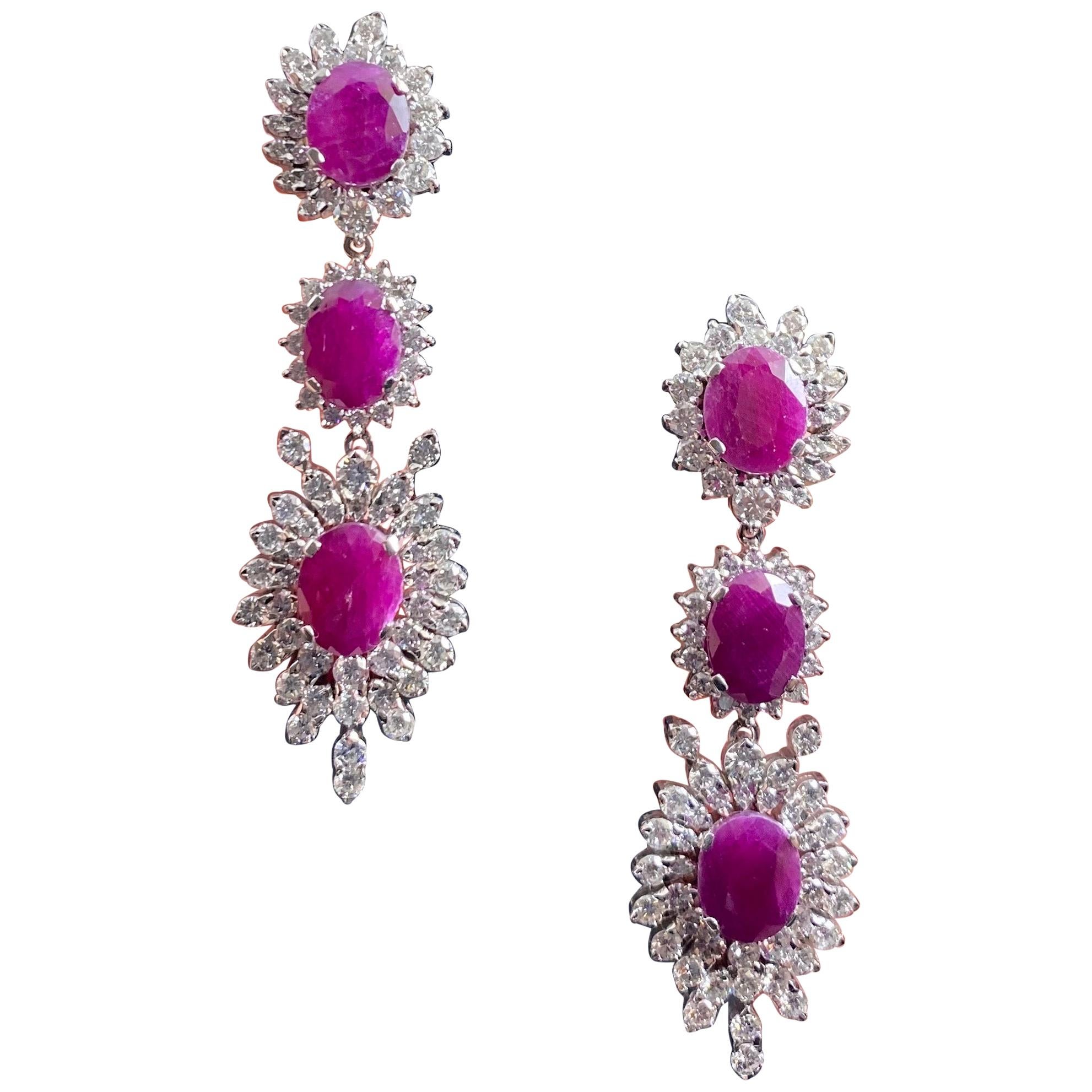 Midcentury 1950s-1960s 15 Carat Ruby 8ct Diamond Cluster Drop Earrings Platinum