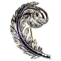 Midcentury 1950s/1960s Feather Plume Sapphire Diamond Brooch Platinum Rose Gold