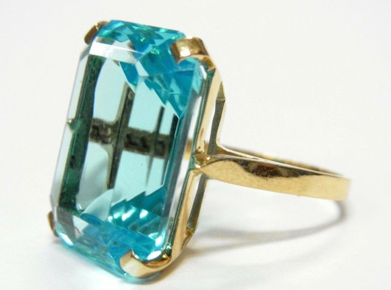 Midcentury 1950s 24 Carat Emerald Cut Blue Topaz Cocktail Ring at 1stDibs