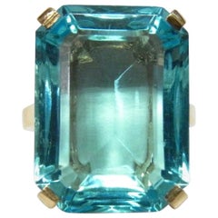 Midcentury 1950s 24 Carat Emerald Cut Blue Topaz Cocktail Ring