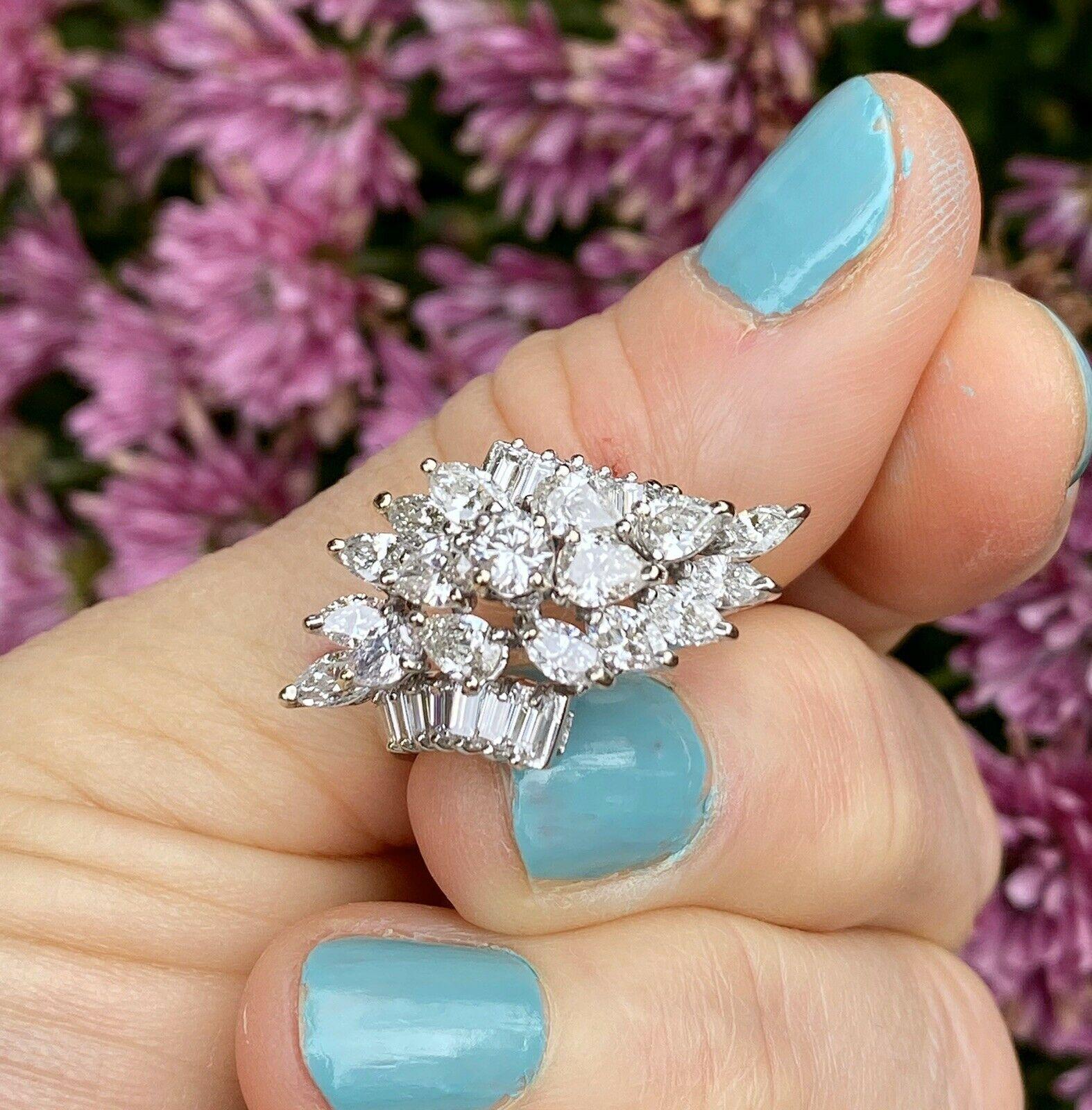 Midcentury 1950s 2.75 Carat Diamond Marquise Baguette Cluster Ring For Sale 5