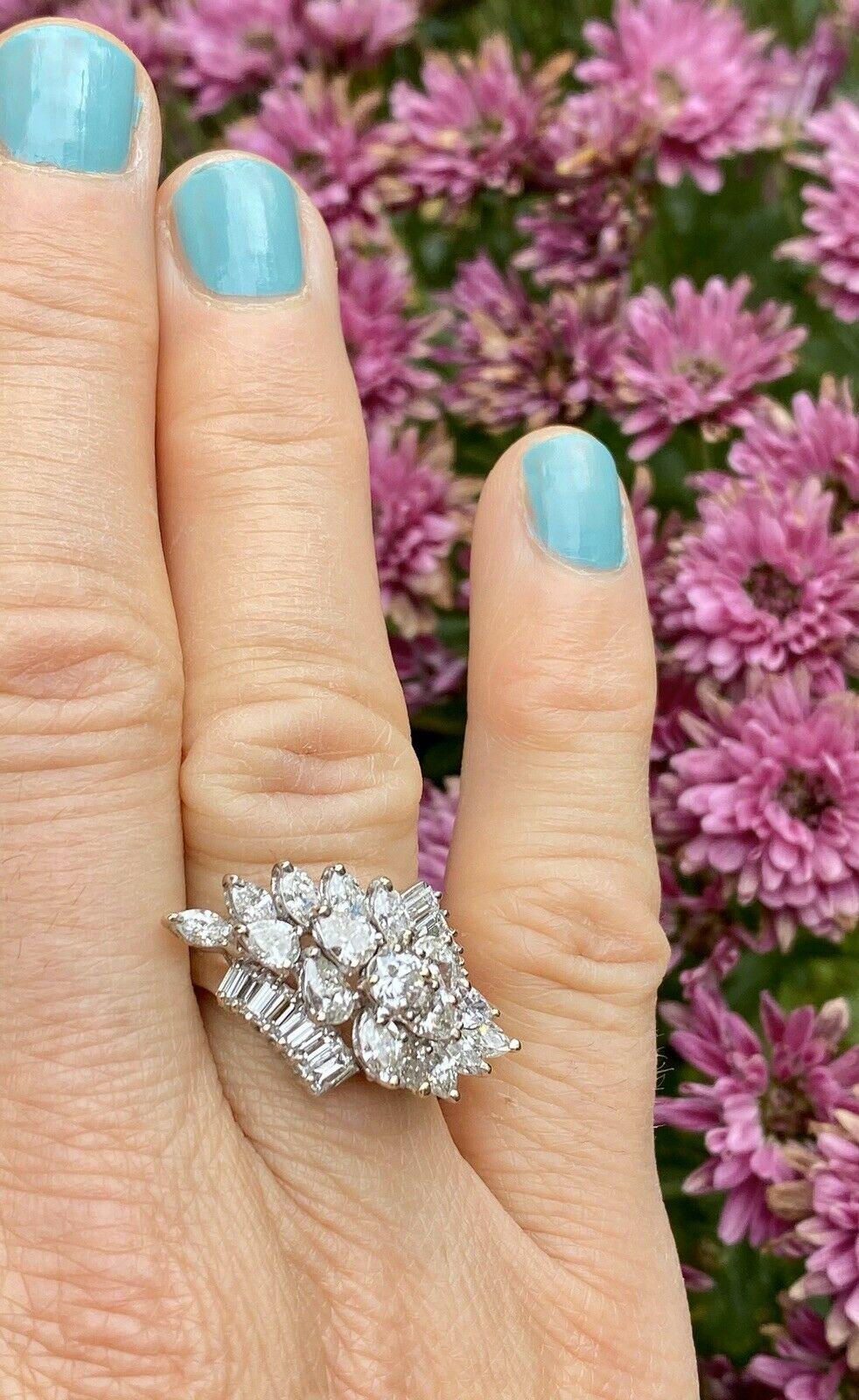 Midcentury 1950s 2.75 Carat Diamond Marquise Baguette Cluster Ring For Sale 7