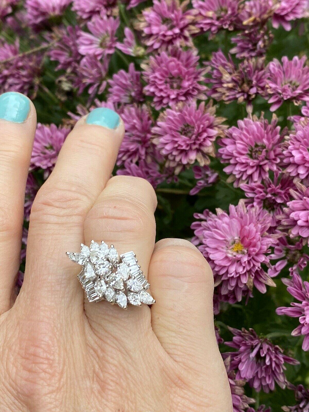 Midcentury 1950s 2.75 Carat Diamond Marquise Baguette Cluster Ring For Sale 8