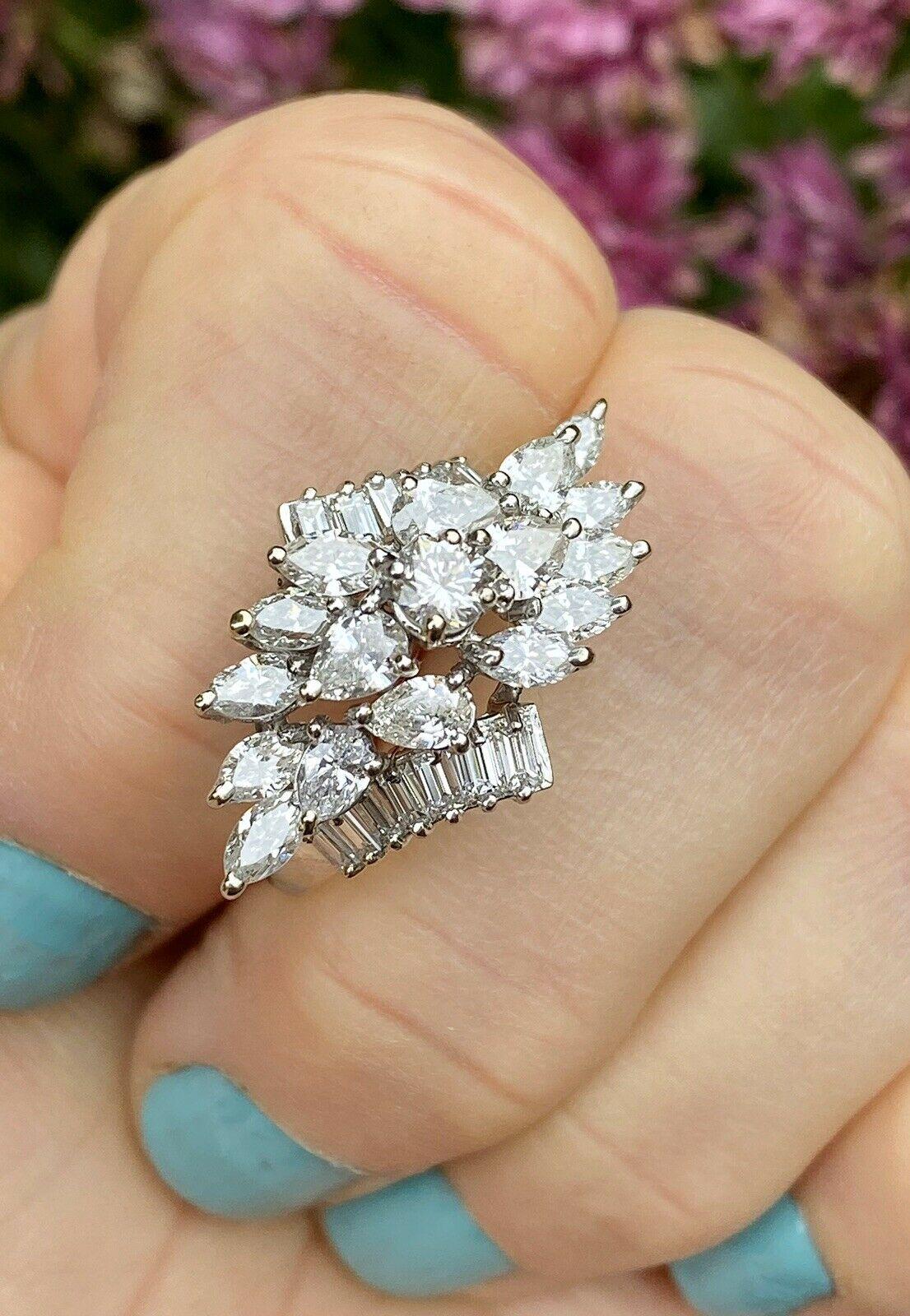 Pear Cut Midcentury 1950s 2.75 Carat Diamond Marquise Baguette Cluster Ring For Sale