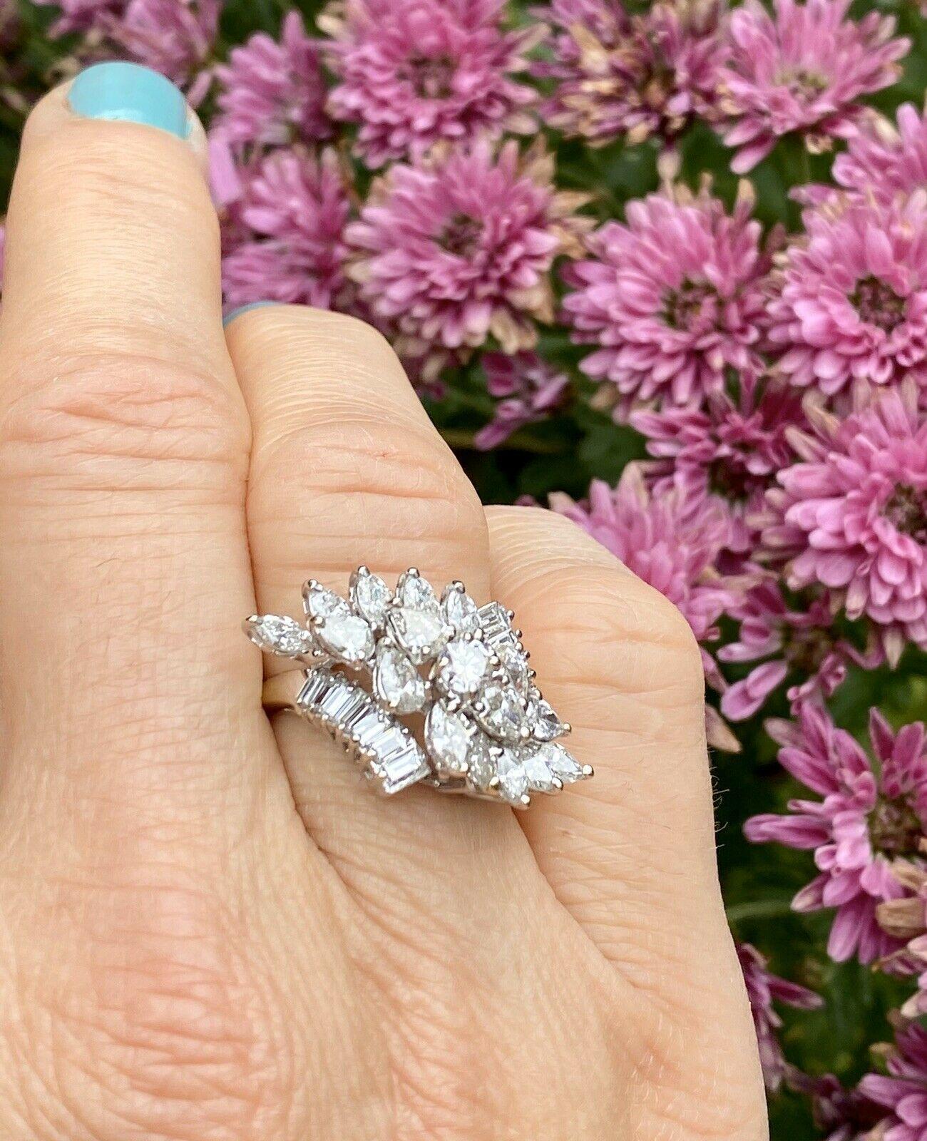 Women's Midcentury 1950s 2.75 Carat Diamond Marquise Baguette Cluster Ring For Sale