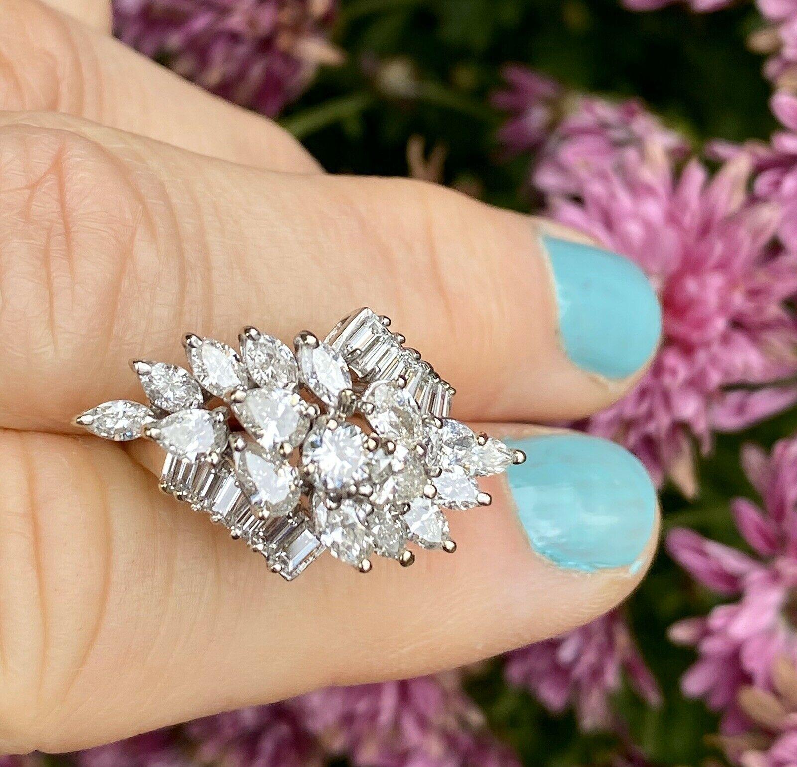 Midcentury 1950s 2.75 Carat Diamond Marquise Baguette Cluster Ring For Sale 2