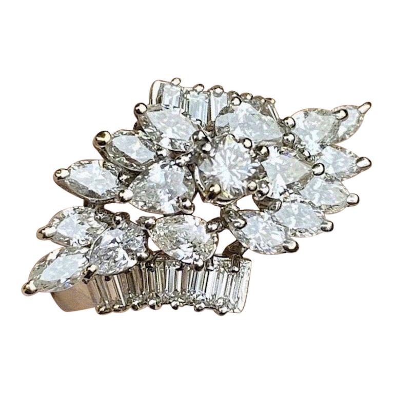 Midcentury 1950s 2.75 Carat Diamond Marquise Baguette Cluster Ring For Sale