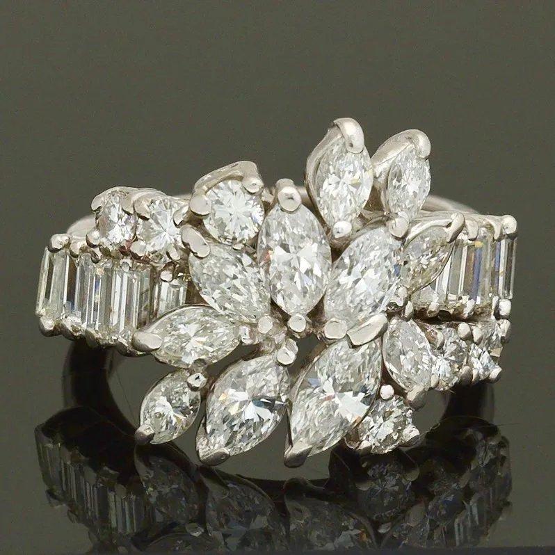 Midcentury 1950s 3 Carat Diamond Marquise Baguette Cluster Ring For Sale 4