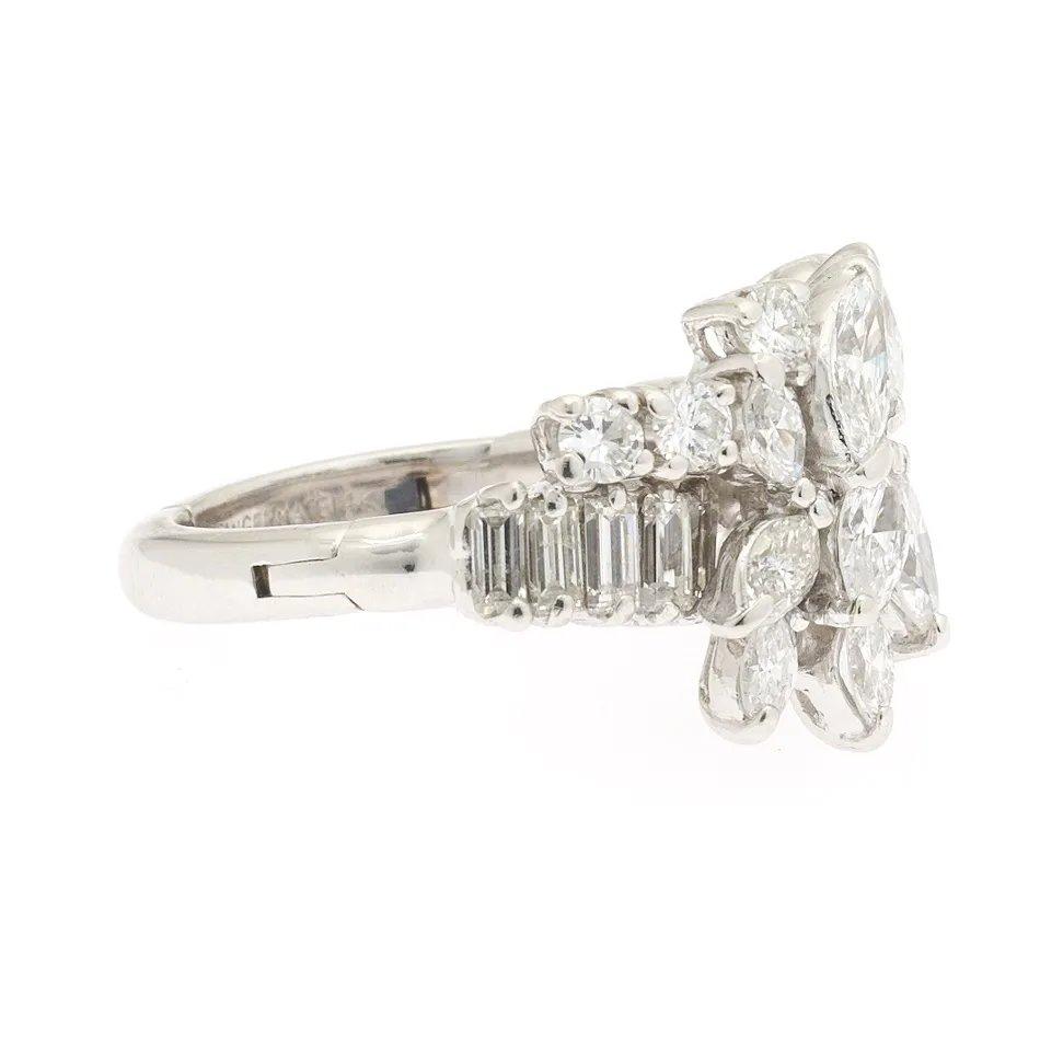 Midcentury 1950s 3 Carat Diamond Marquise Baguette Cluster Ring For Sale 2