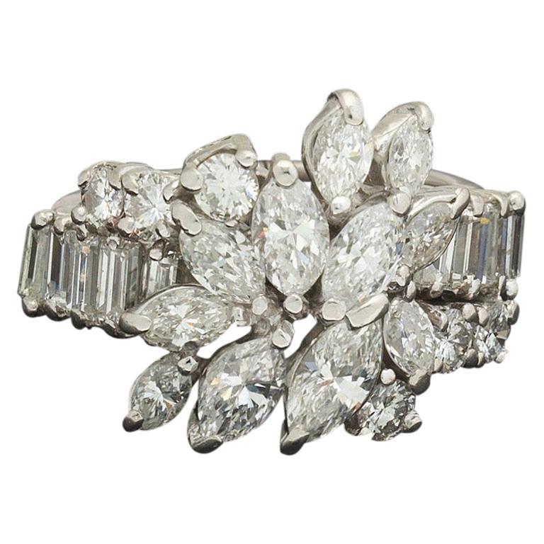 Midcentury 1950s 3 Carat Diamond Marquise Baguette Cluster Ring For Sale