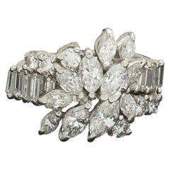 Midcentury 1950s 3 Carat Diamond Marquise Baguette Cluster Ring