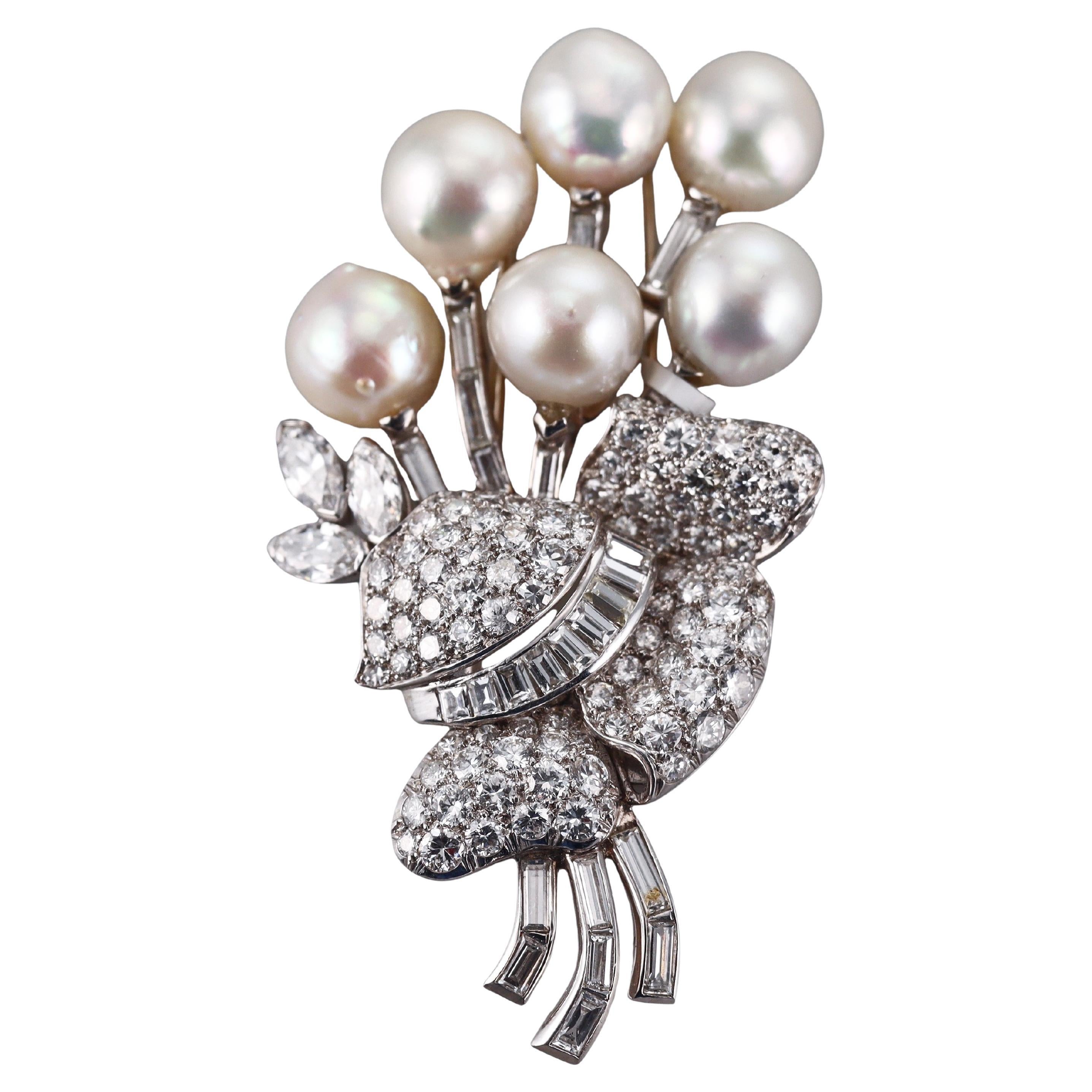 Midcentury 1950s 8.50 carat Diamond South Sea Pearl Platinum Brooch