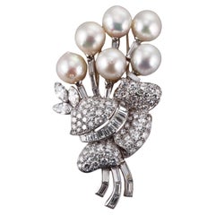 Midcentury 1950s 8.50 carat Diamond South Sea Pearl Platinum Brooch
