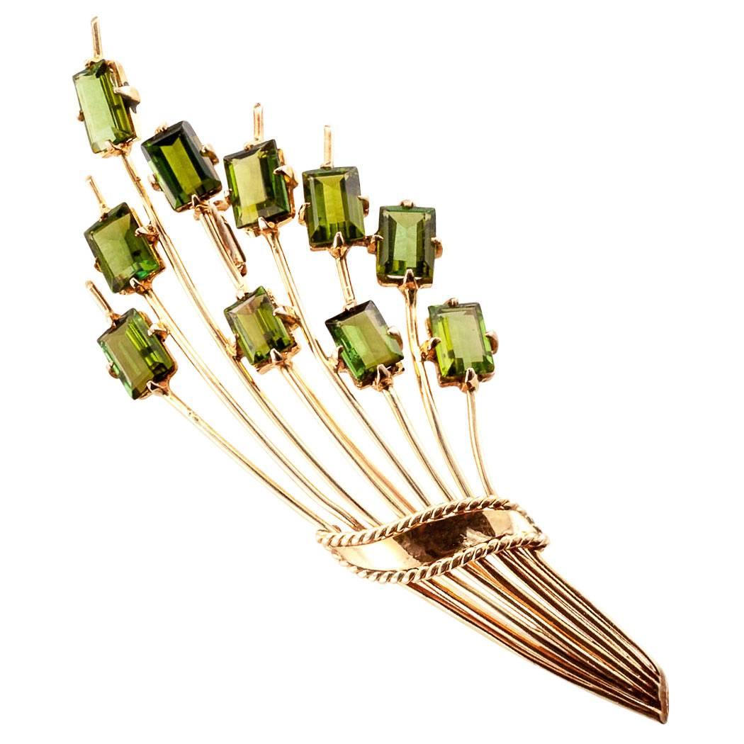 Midcentury 1950s Green Tourmaline Gold Brooch