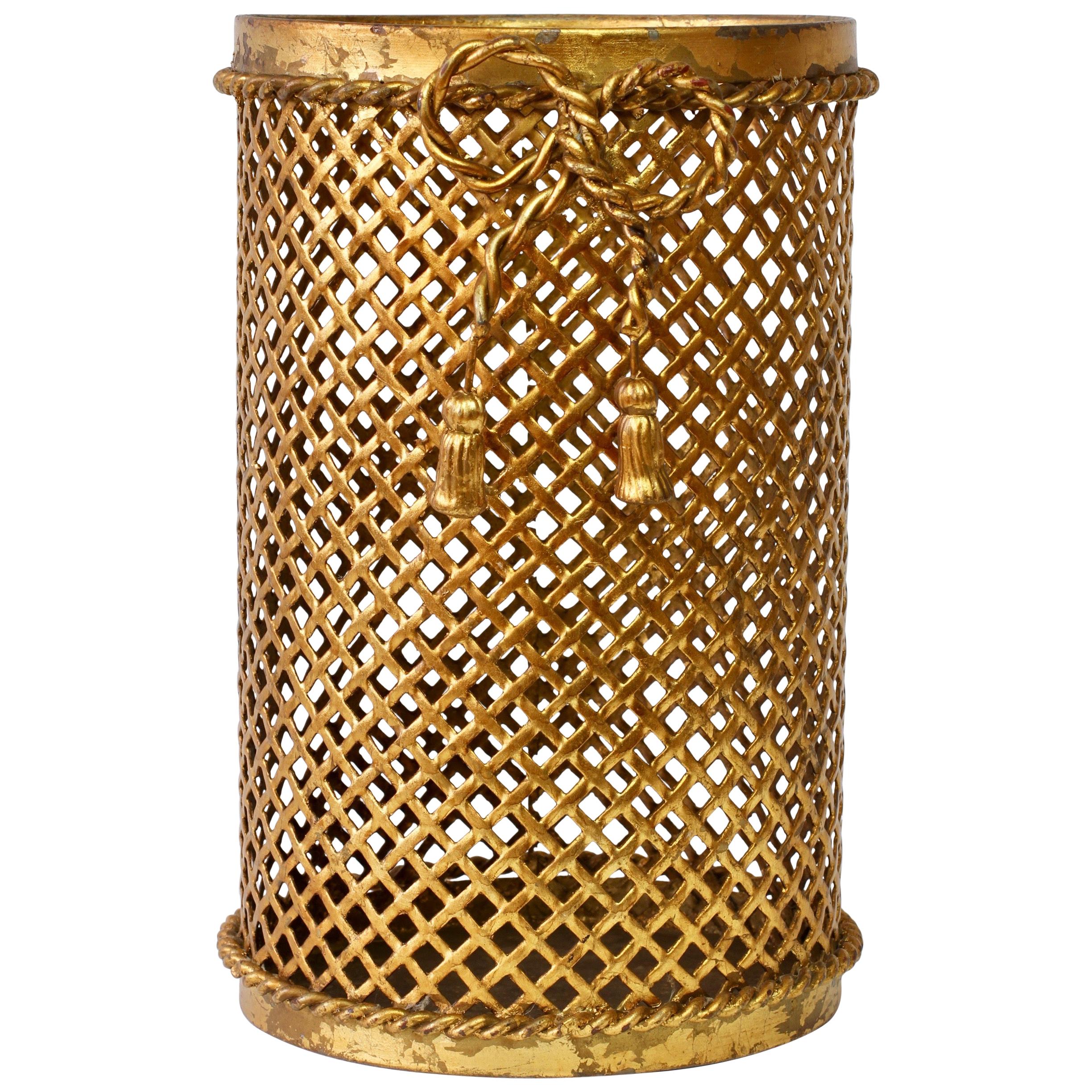 Mid-Century 1950s Hollywood Regency Italian Gold Gilded Waste Paper Basket