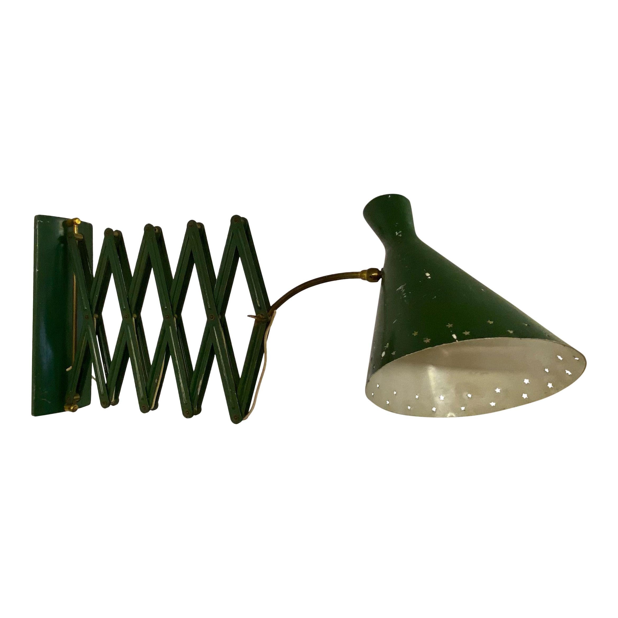 Brass Midcentury 1950s Italian Industrial Concertina Scissor Lamp in Green