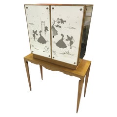 Vintage Midcentury 1950s Italian Mirrored Bureau Cabinet on Stand in Maple