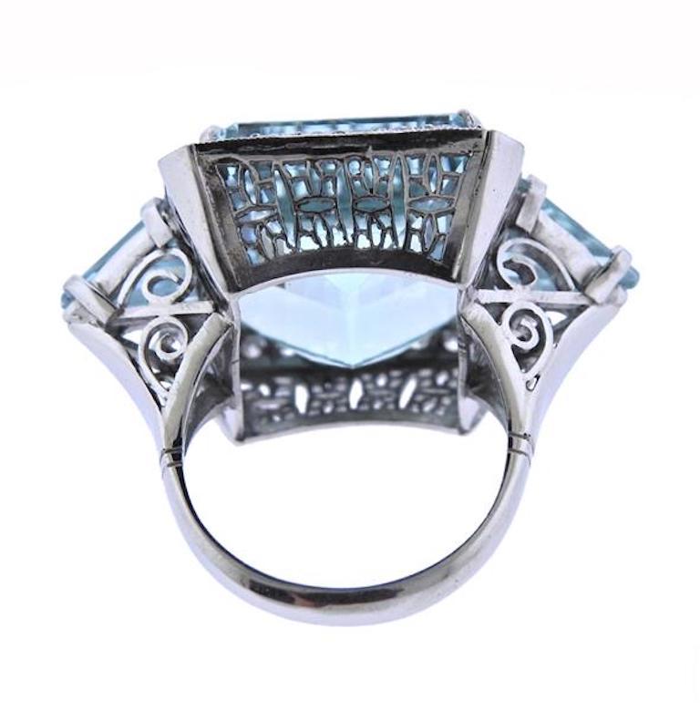 Retro Midcentury 1950s Platinum 30 Carat VVS Aquamarine Diamond Cocktail Ring