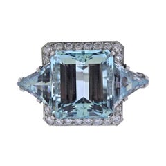 Vintage Midcentury 1950s Platinum 30 Carat VVS Aquamarine Diamond Cocktail Ring