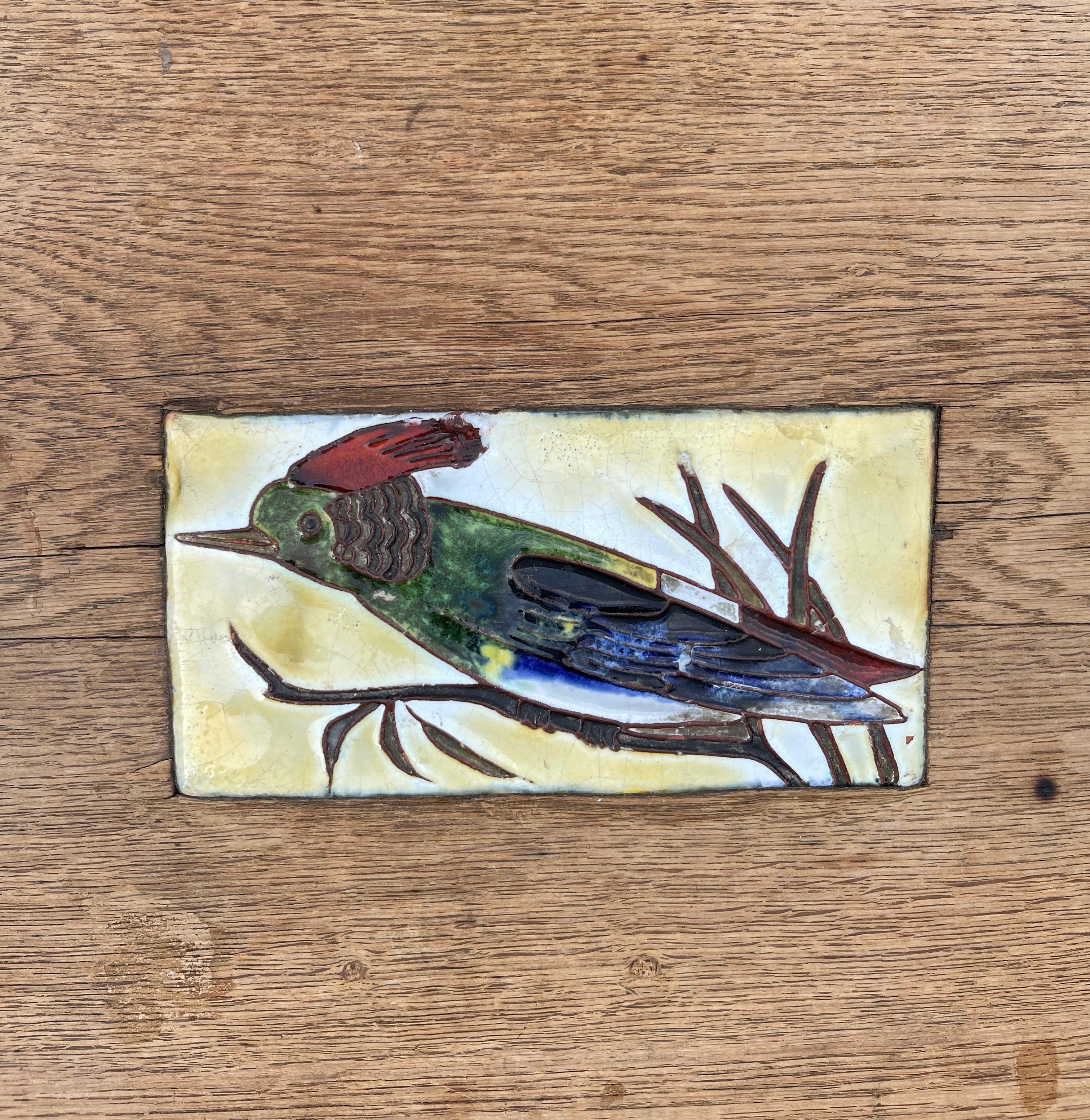 Midcentury, 1950s Rustic Handmade Oak Wooden Coffee Table with Woodpecker Tile 6