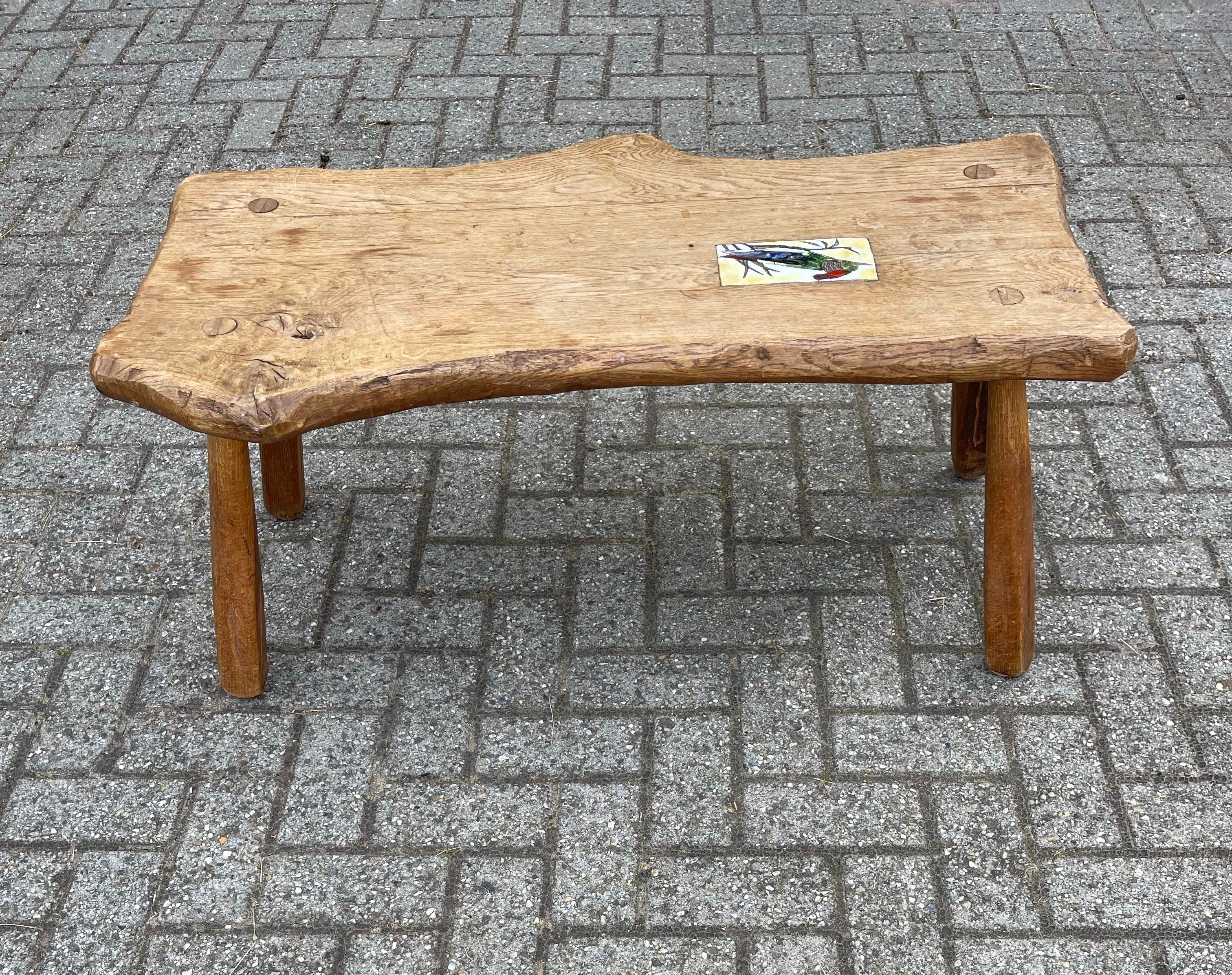Midcentury, 1950s Rustic Handmade Oak Wooden Coffee Table with Woodpecker Tile 7