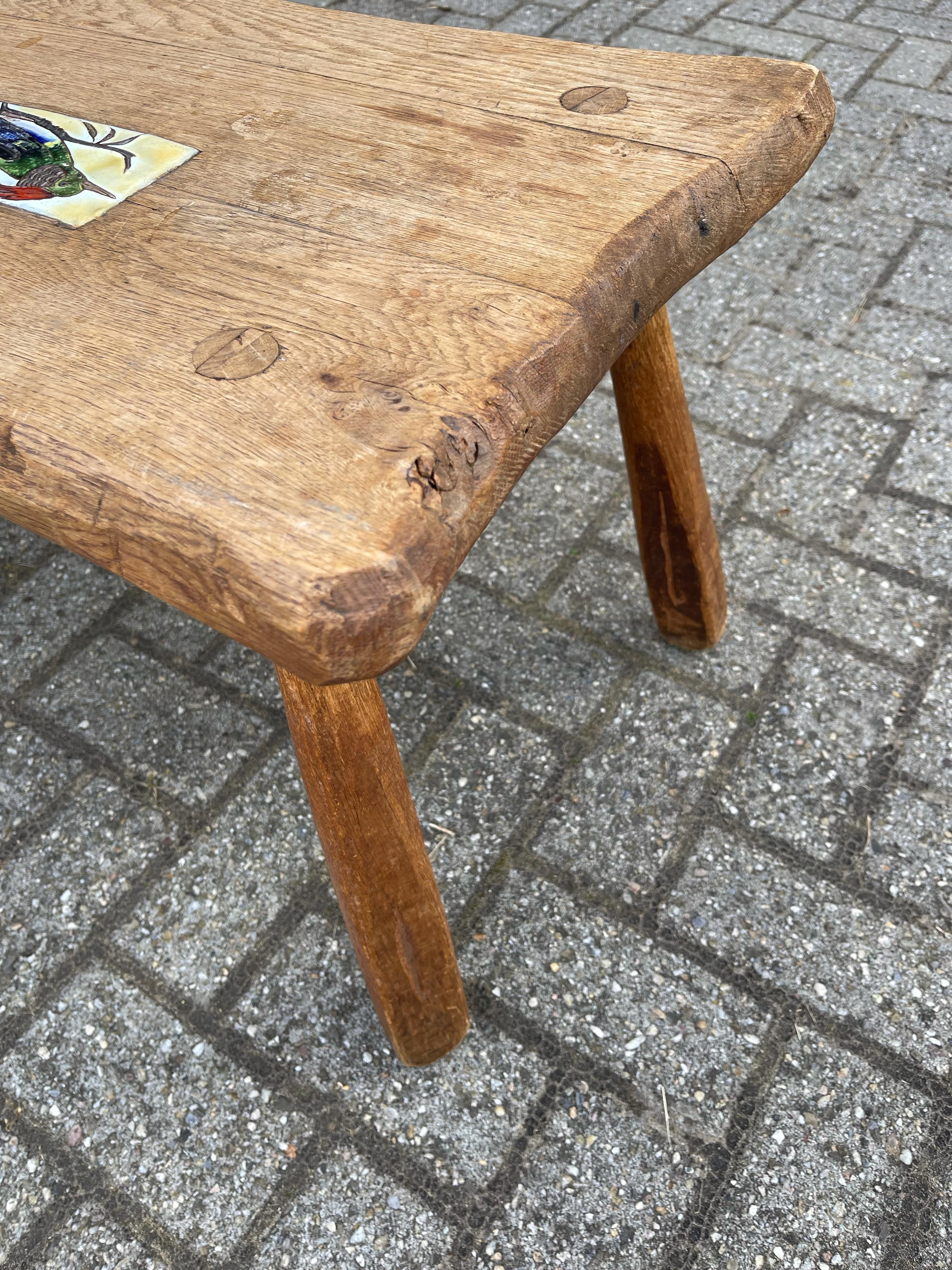 Midcentury, 1950s Rustic Handmade Oak Wooden Coffee Table with Woodpecker Tile 8