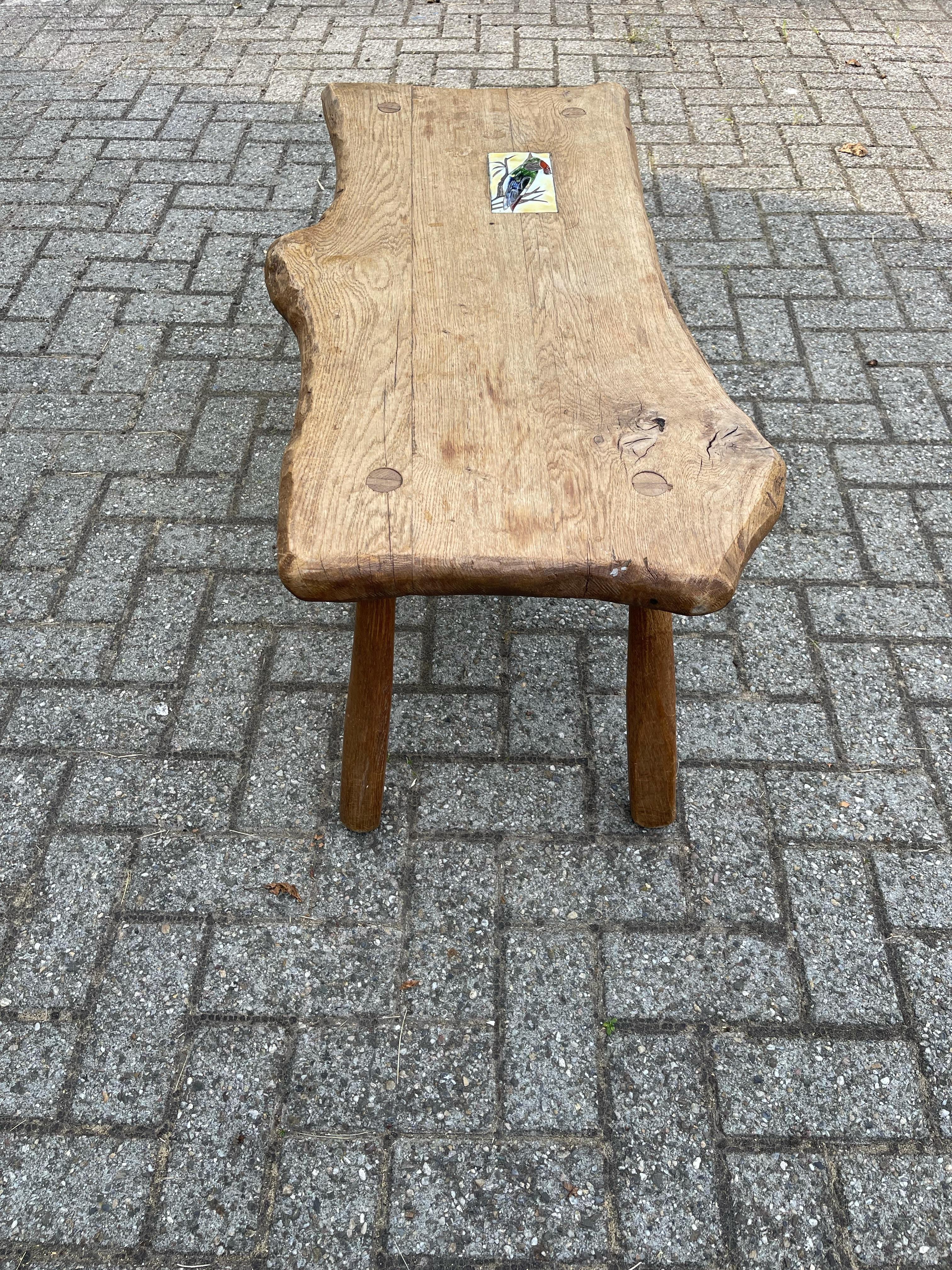 Midcentury, 1950s Rustic Handmade Oak Wooden Coffee Table with Woodpecker Tile 11