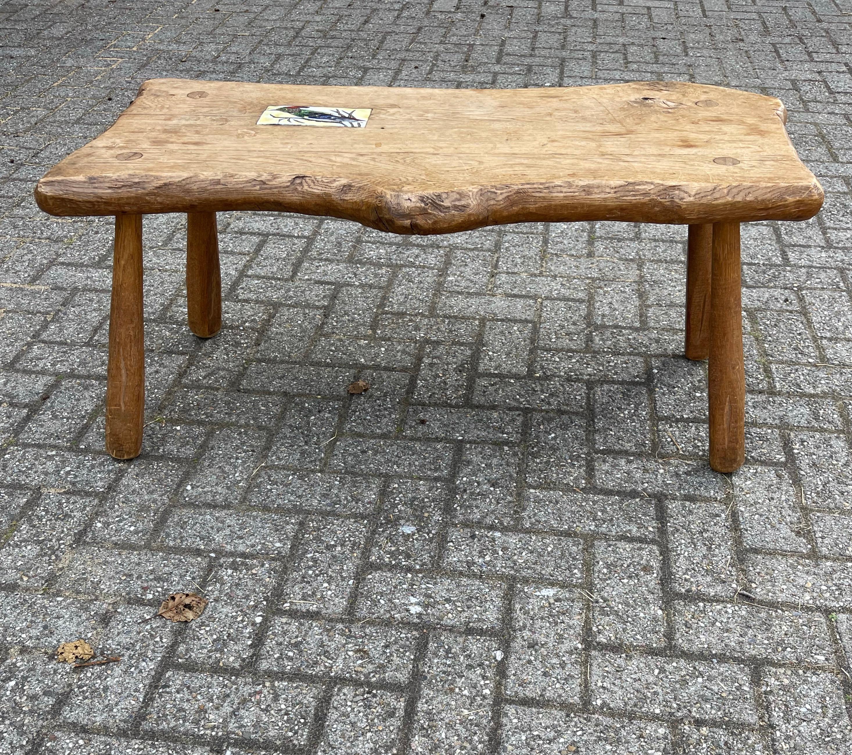 European Midcentury, 1950s Rustic Handmade Oak Wooden Coffee Table with Woodpecker Tile