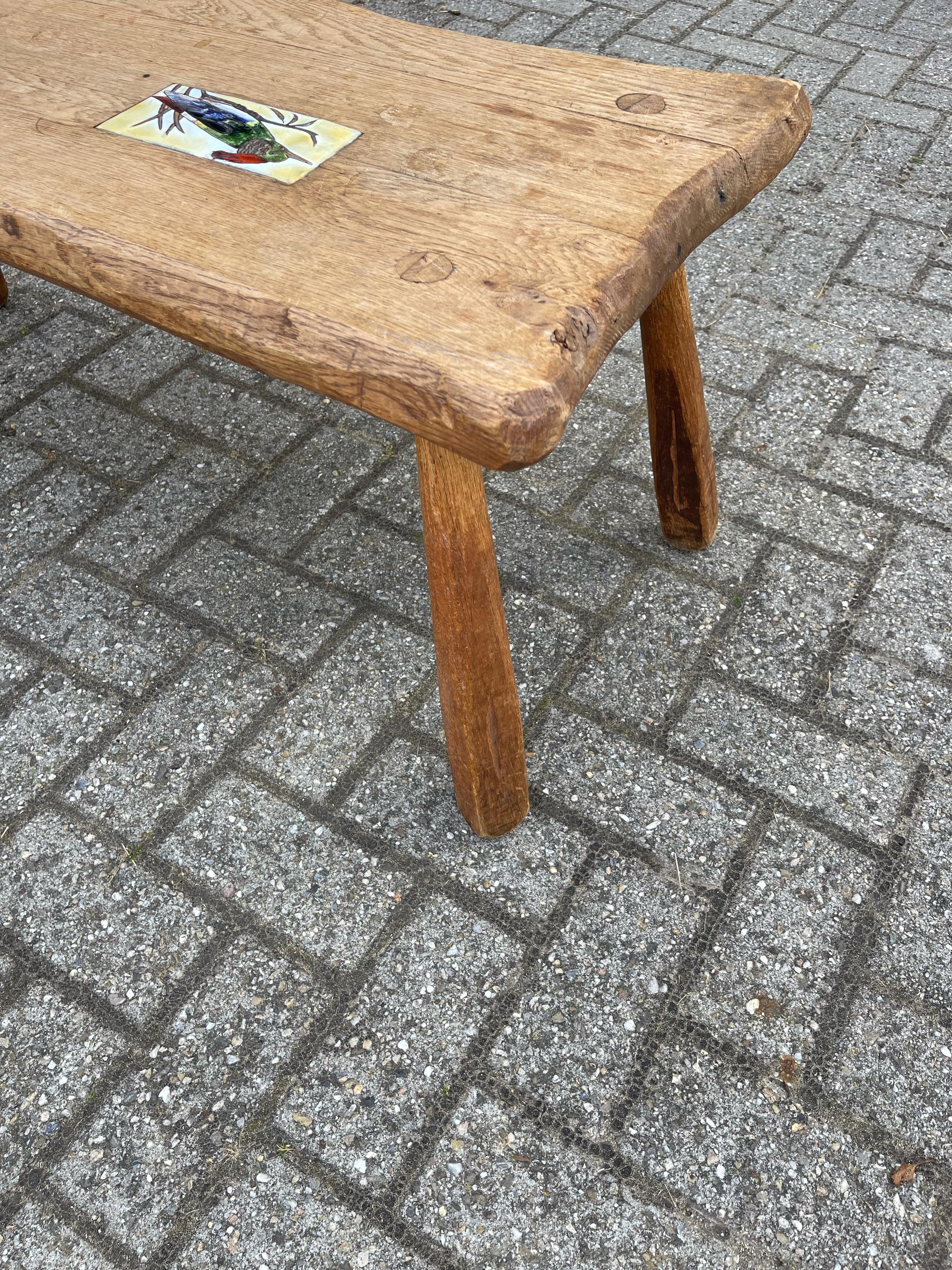Midcentury, 1950s Rustic Handmade Oak Wooden Coffee Table with Woodpecker Tile 1