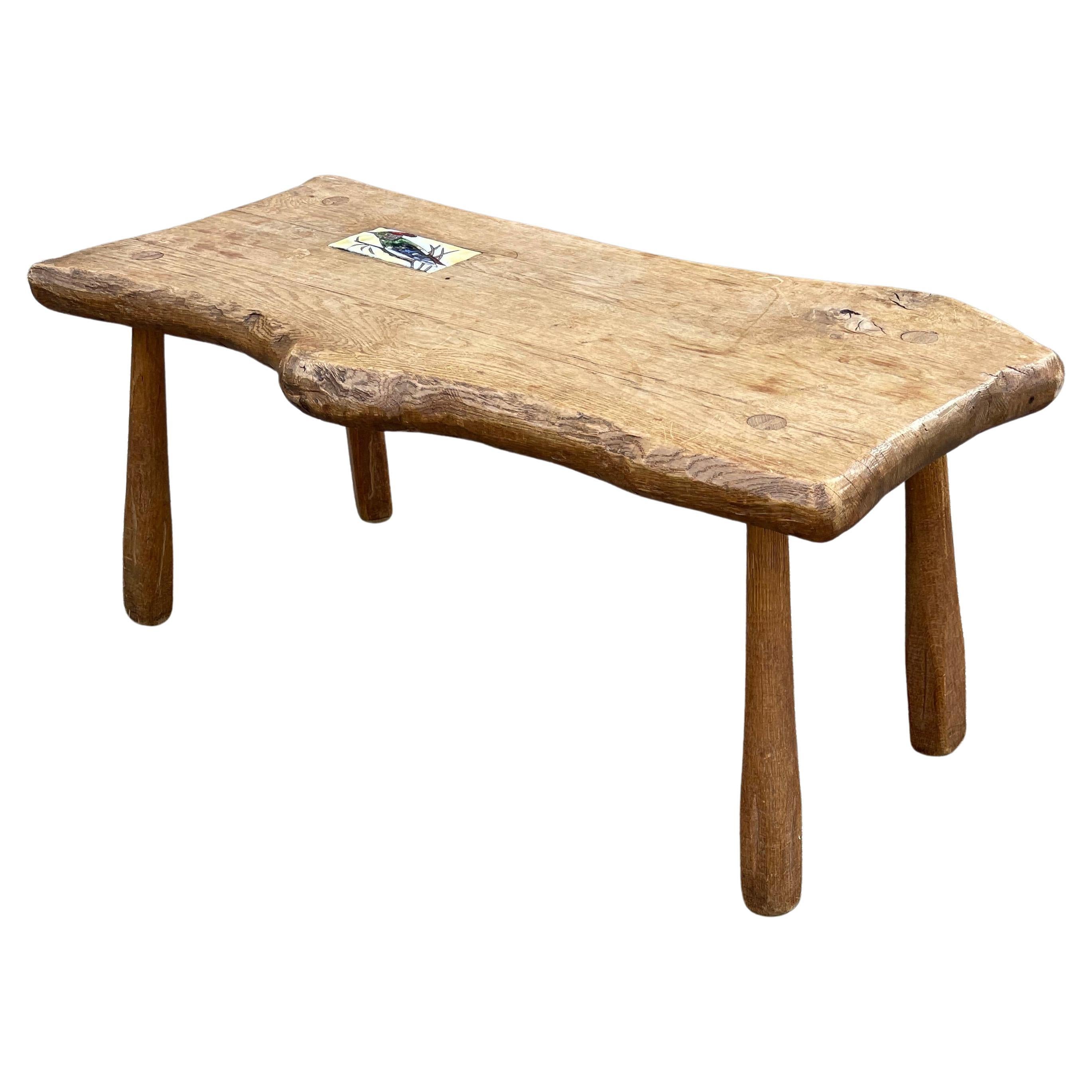 Midcentury, 1950s Rustic Handmade Oak Wooden Coffee Table with Woodpecker Tile