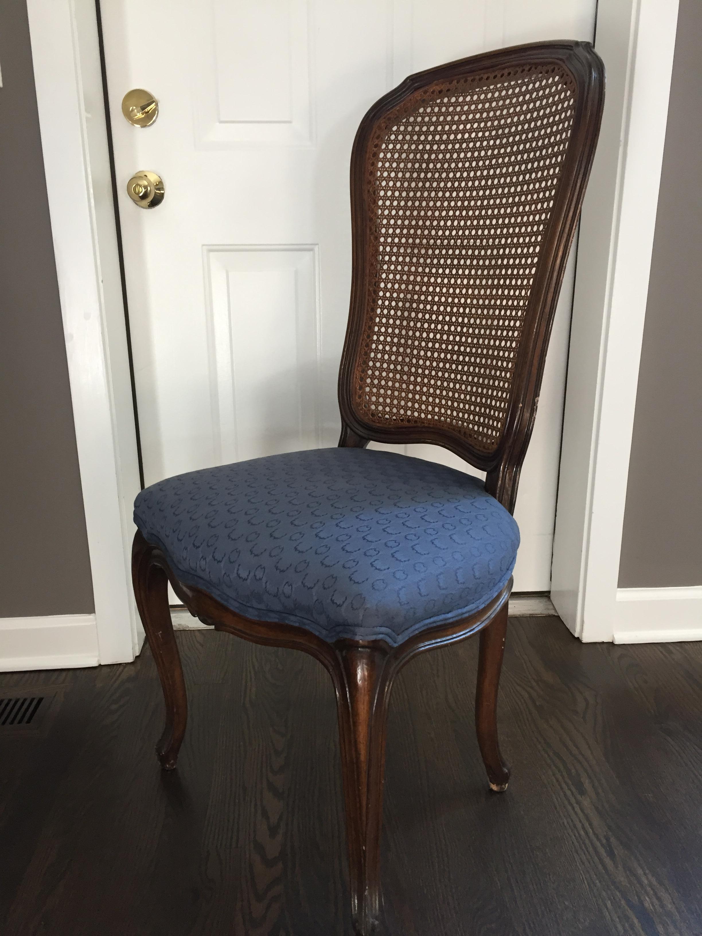Midcentury 1950s vintage caned back chair.
Vintage mahogany chair that has an upholstered seat and re-caned back. The piece is from the 1950s.
There are two available
Price is for each.

Dimensions: 29