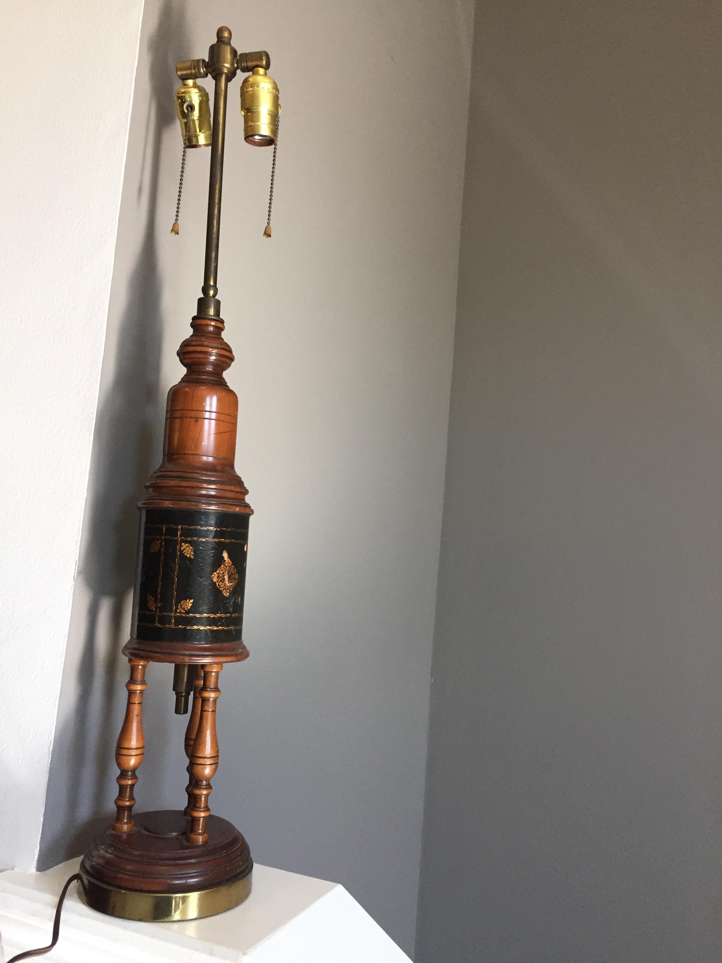 20th Century Midcentury 1950s Vintage Wood and Leather Column Table Lamp For Sale