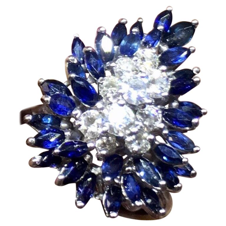 Midcentury 1950s VS 2.48 Carat Sapphire Diamond Cocktail Spray Cluster Ring For Sale