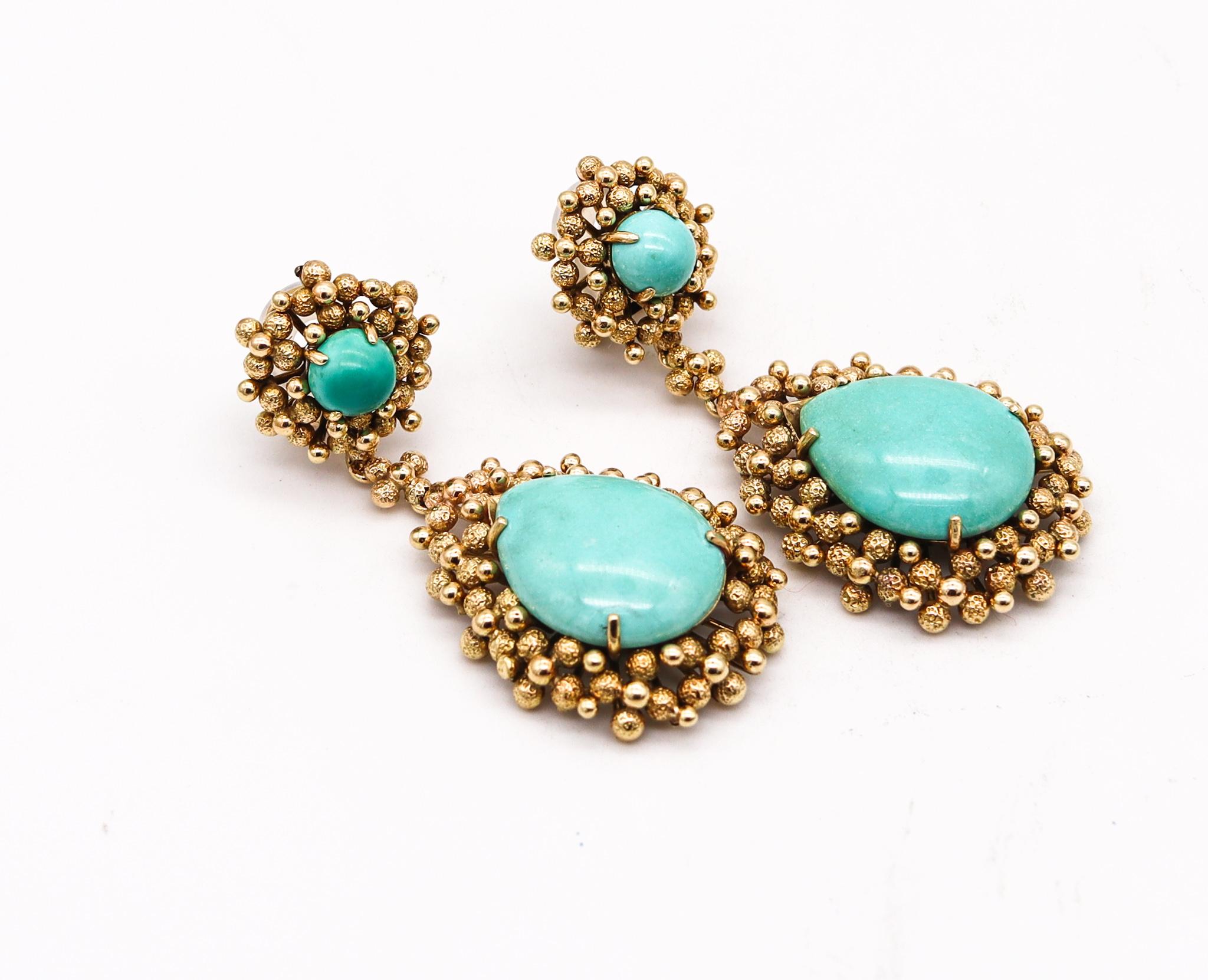 Modernist MidCentury 1960 Dangle Drop Earrings In 14Kt Yellow Gold With 43.82Cts Turquoise For Sale