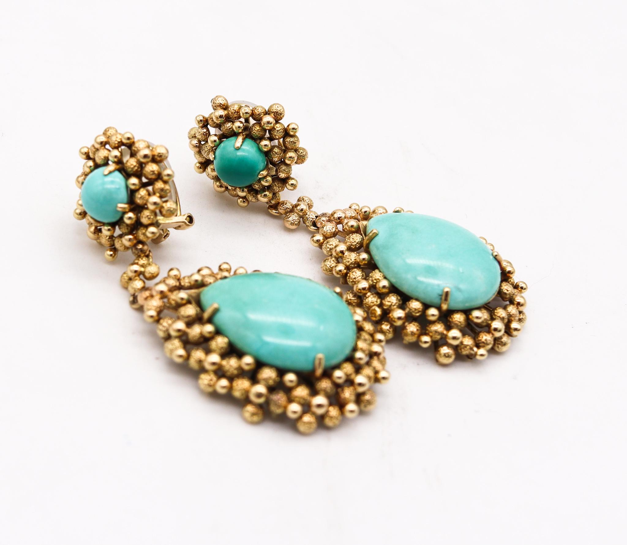 Cabochon MidCentury 1960 Dangle Drop Earrings In 14Kt Yellow Gold With 43.82Cts Turquoise For Sale