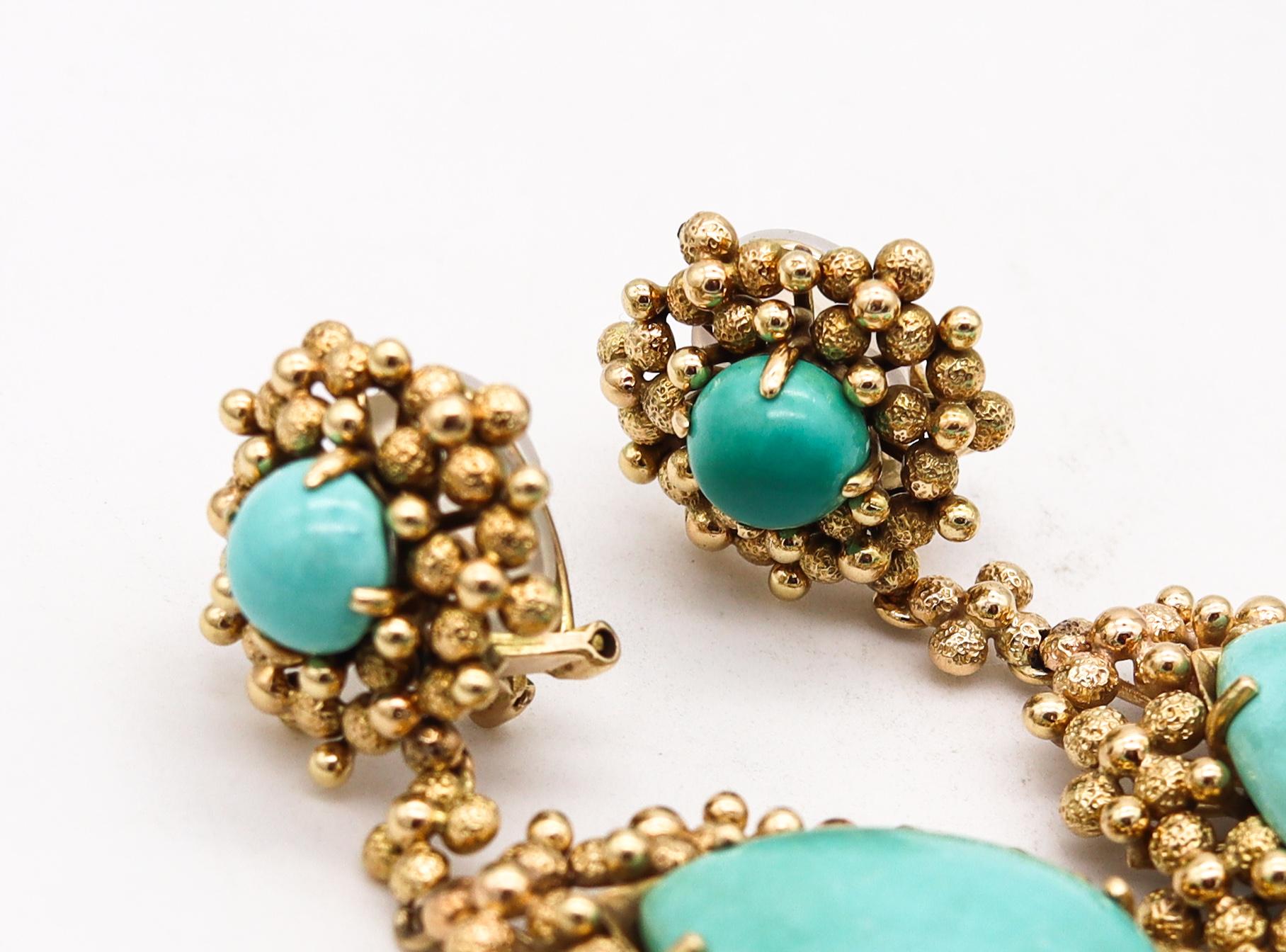 MidCentury 1960 Dangle Drop Earrings In 14Kt Yellow Gold With 43.82Cts Turquoise In Excellent Condition For Sale In Miami, FL