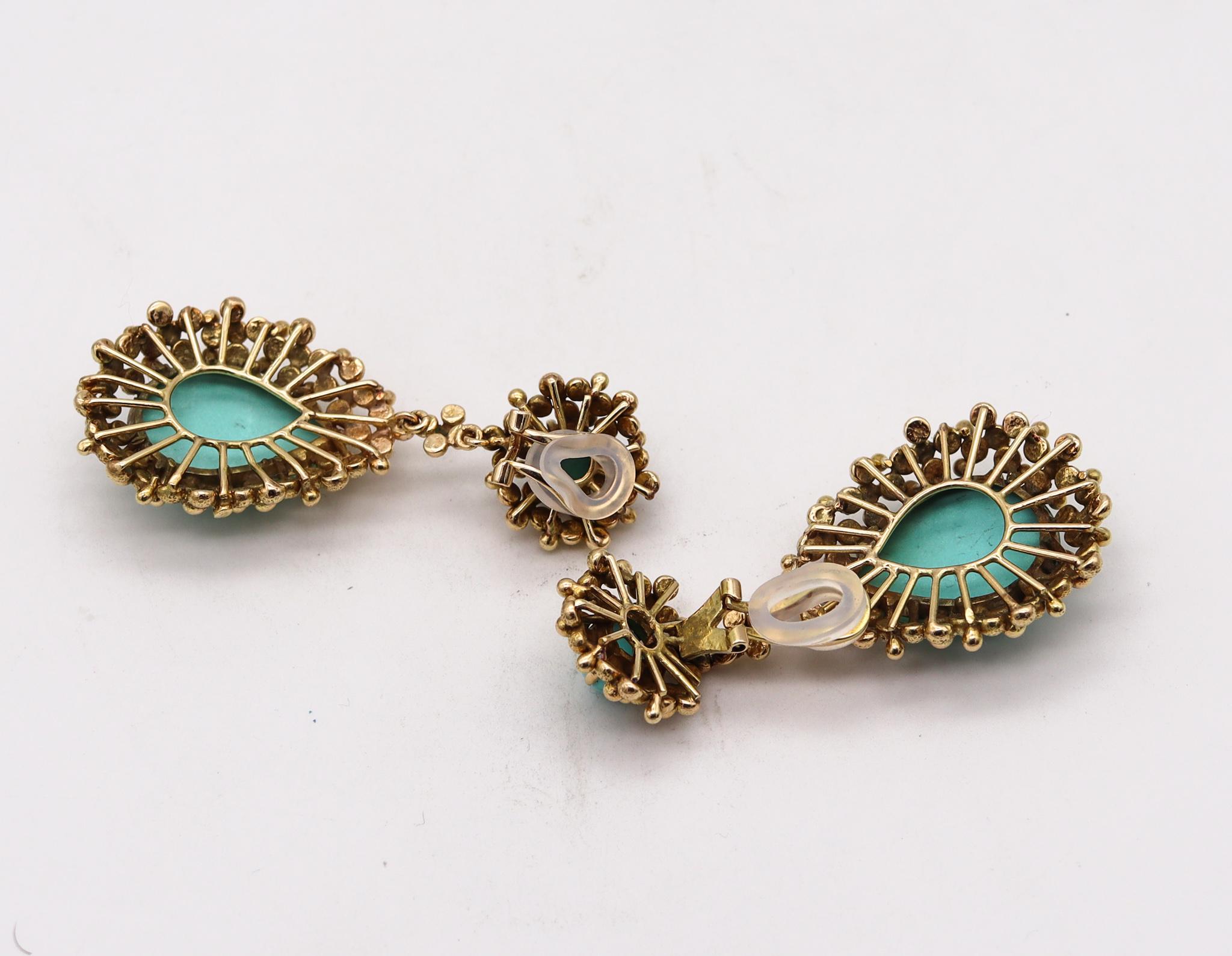 Women's MidCentury 1960 Dangle Drop Earrings In 14Kt Yellow Gold With 43.82Cts Turquoise For Sale