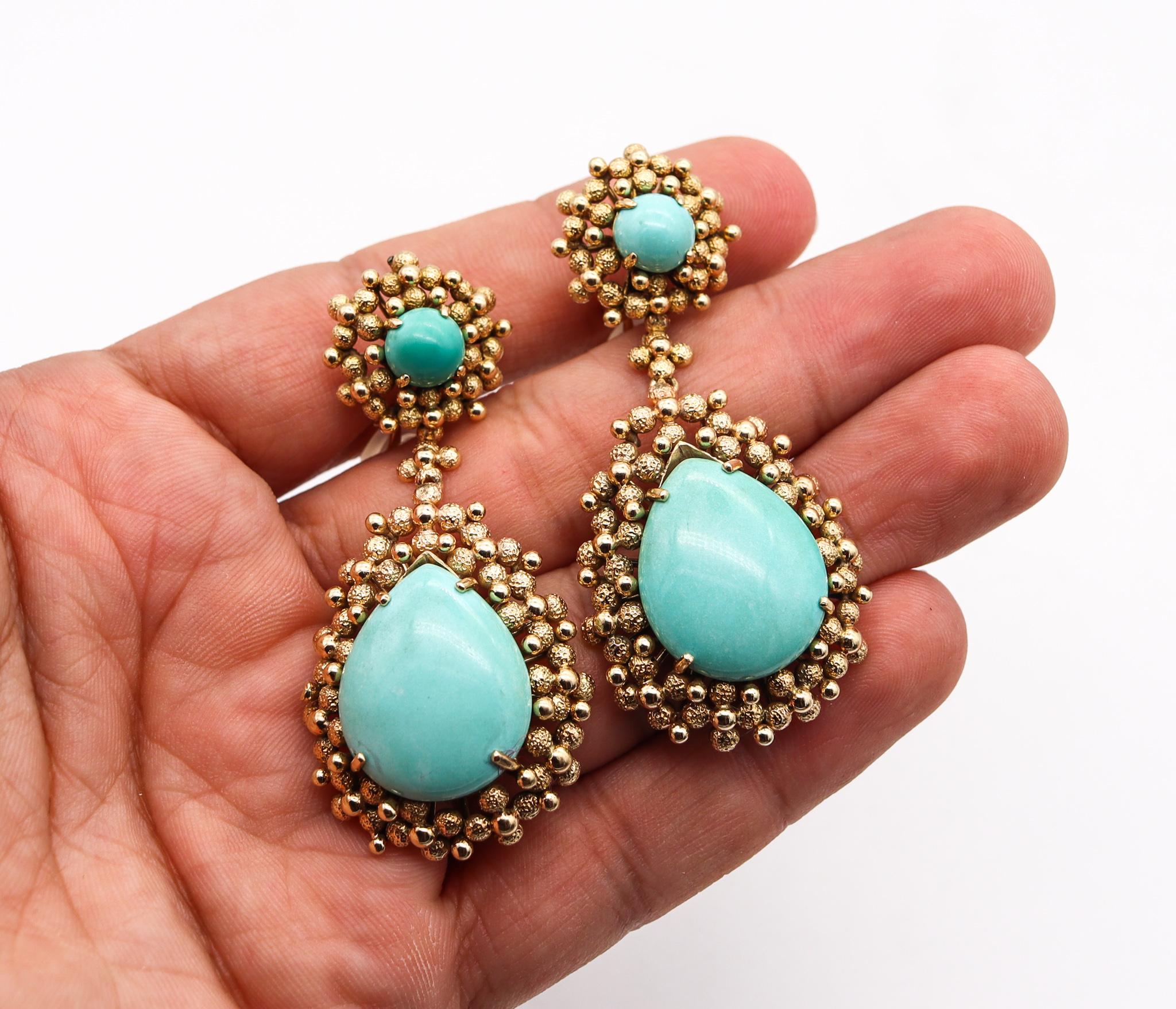 MidCentury 1960 Dangle Drop Earrings In 14Kt Yellow Gold With 43.82Cts Turquoise For Sale 2