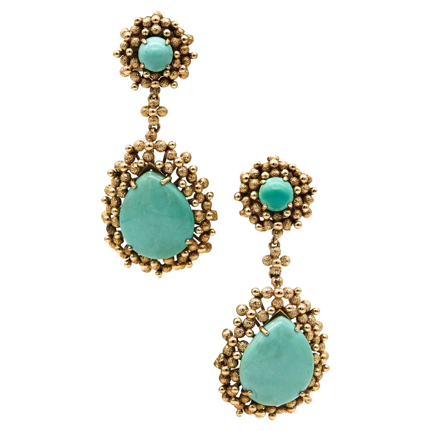 MidCentury 1960 Dangle Drop Earrings In 14Kt Yellow Gold With 43.82Cts Turquoise For Sale
