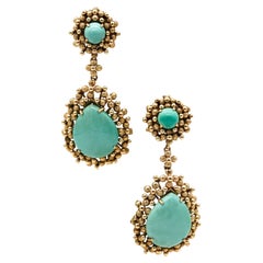 MidCentury 1960 Dangle Drop Earrings In 14Kt Yellow Gold With 43.82Cts Turquoise