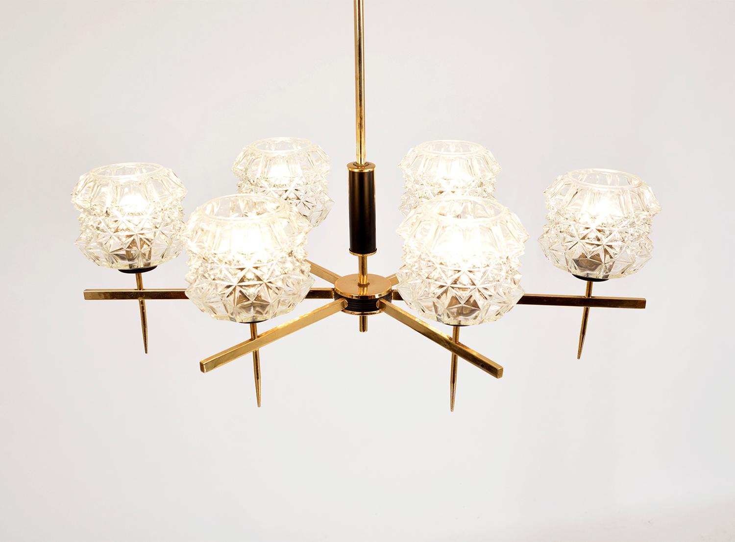 Midcentury 1960s French Brass Glass 6-Arm Pendant Chandelier Dining Room 5