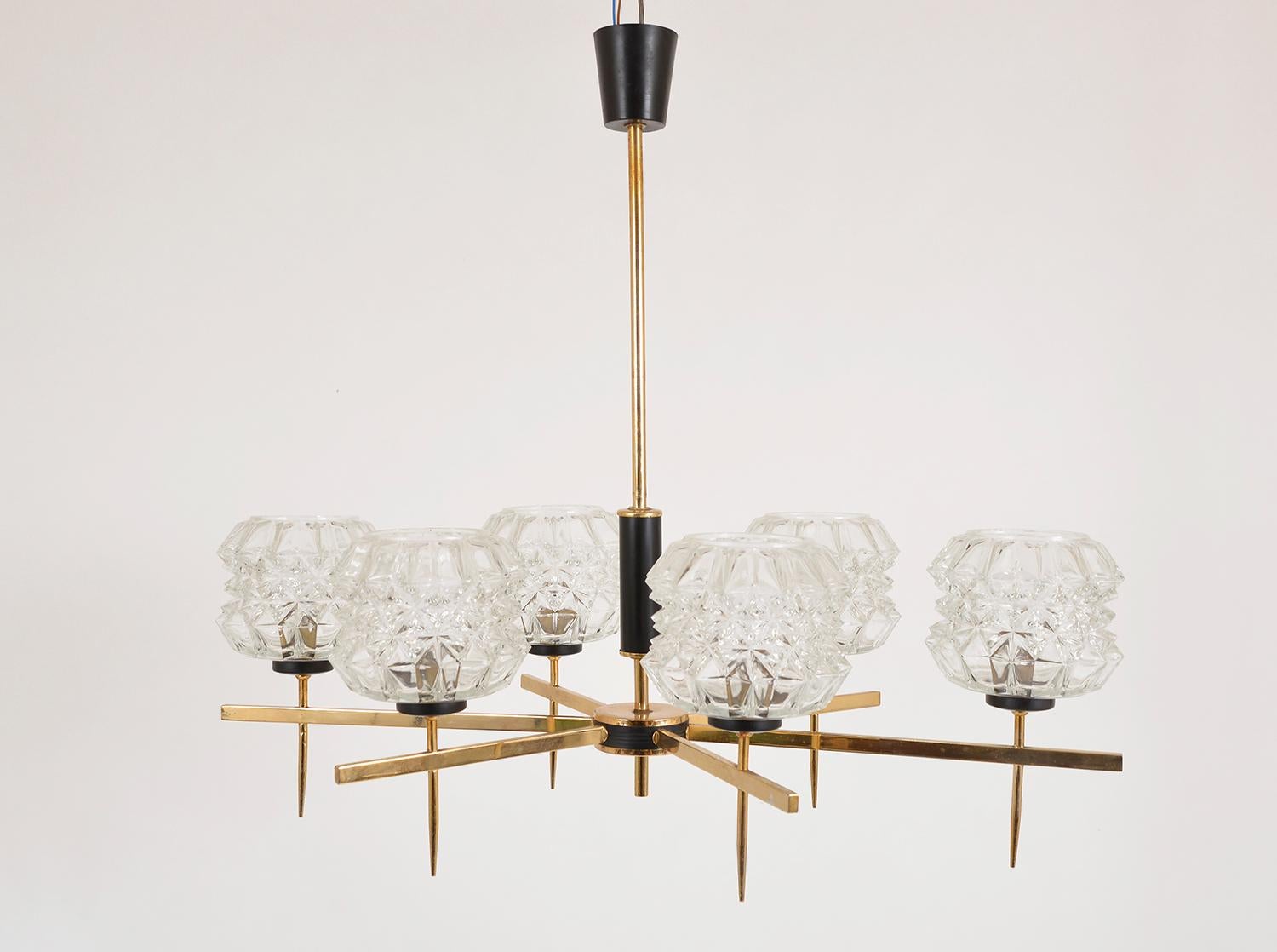 Mid-Century Modern Midcentury 1960s French Brass Glass 6-Arm Pendant Chandelier Dining Room