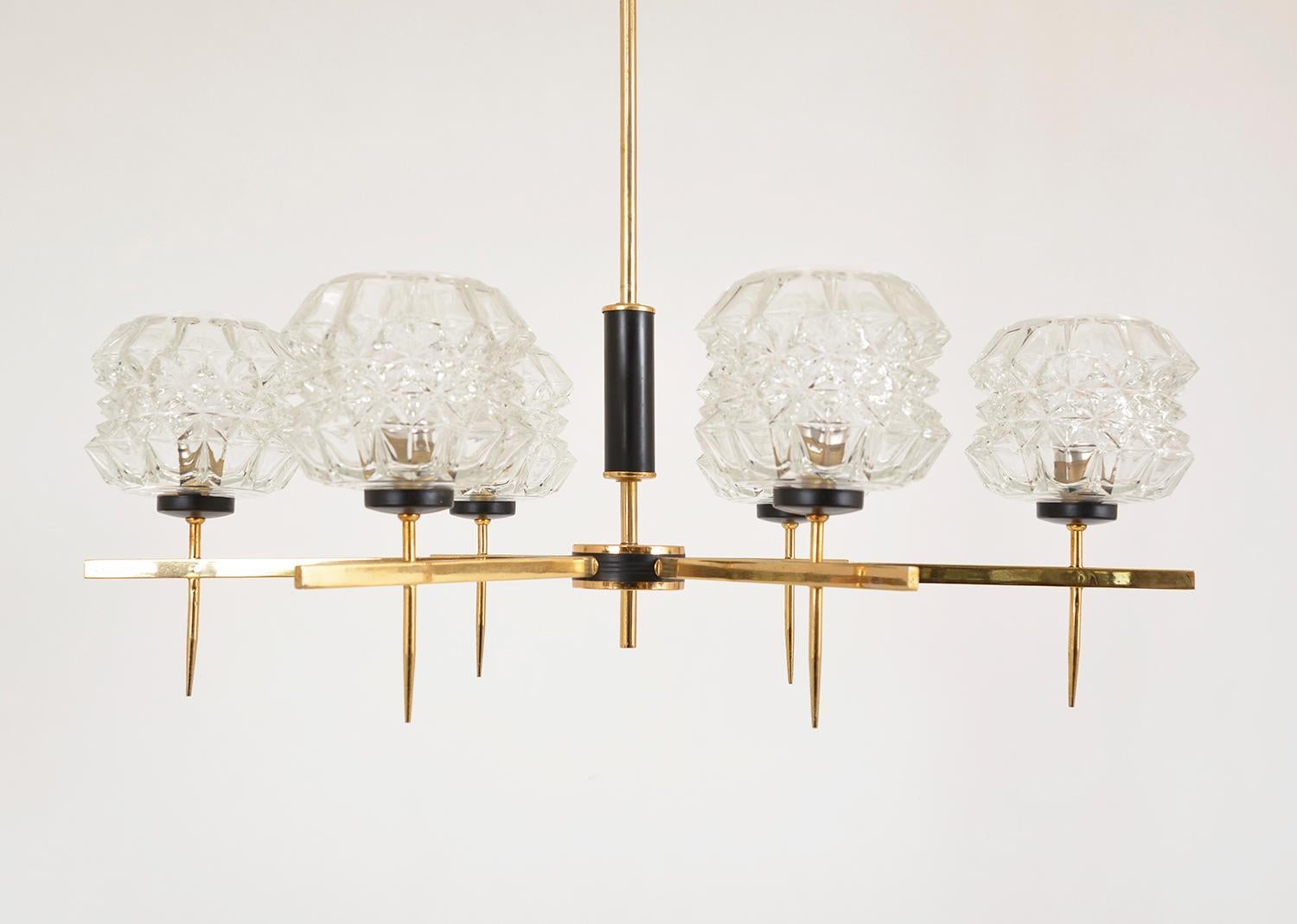 Midcentury 1960s French Brass Glass 6-Arm Pendant Chandelier Dining Room In Good Condition In Sherborne, Dorset
