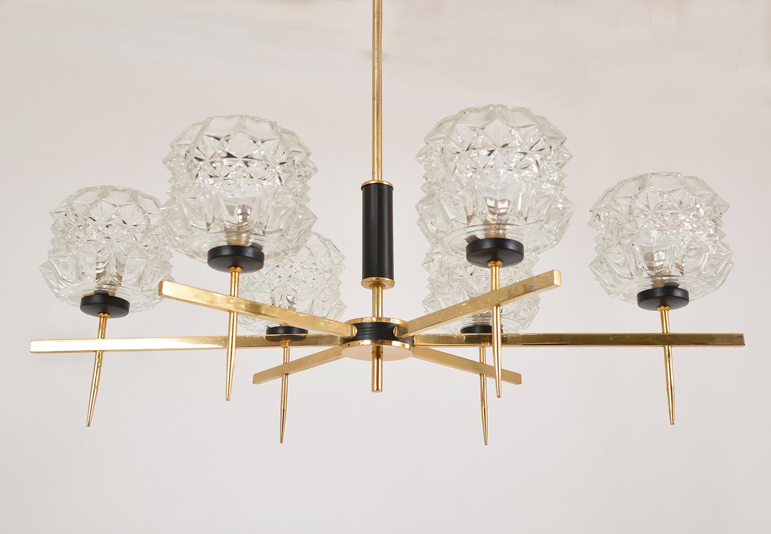 Mid-20th Century Midcentury 1960s French Brass Glass 6-Arm Pendant Chandelier Dining Room