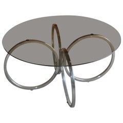 Midcentury 1960s Retro Tubular Chrome Smokey Glass Round Coffee Table