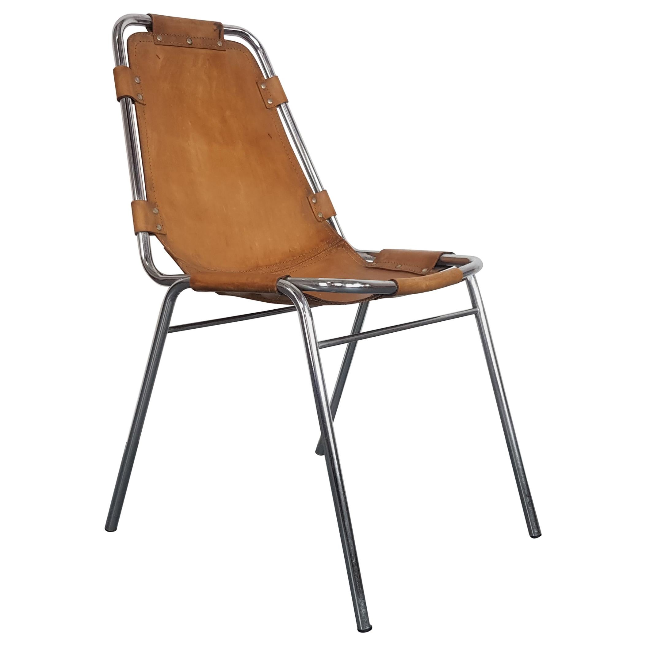 Midcentury 1970s "Les Arcs" Brown Leather and Chrome Chair
