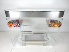 Midcentury 1970s Lighted Lucite and Mirror Dry Bar with Two Stools