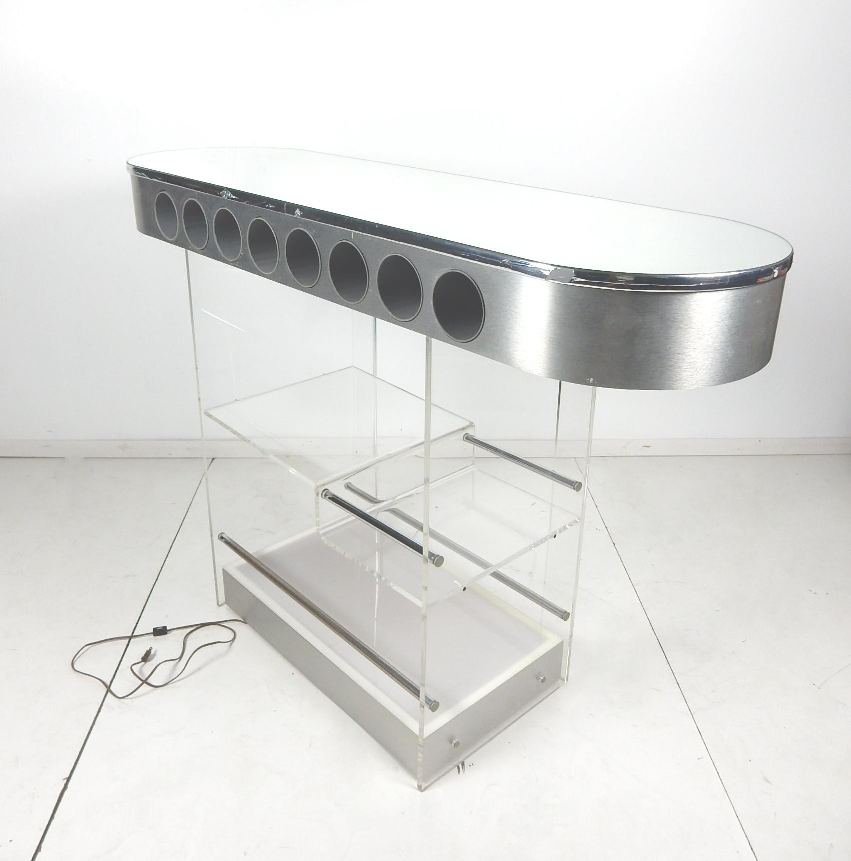 Late 20th Century Midcentury 1970s Lighted Lucite and Mirror Dry Bar with Two Stools